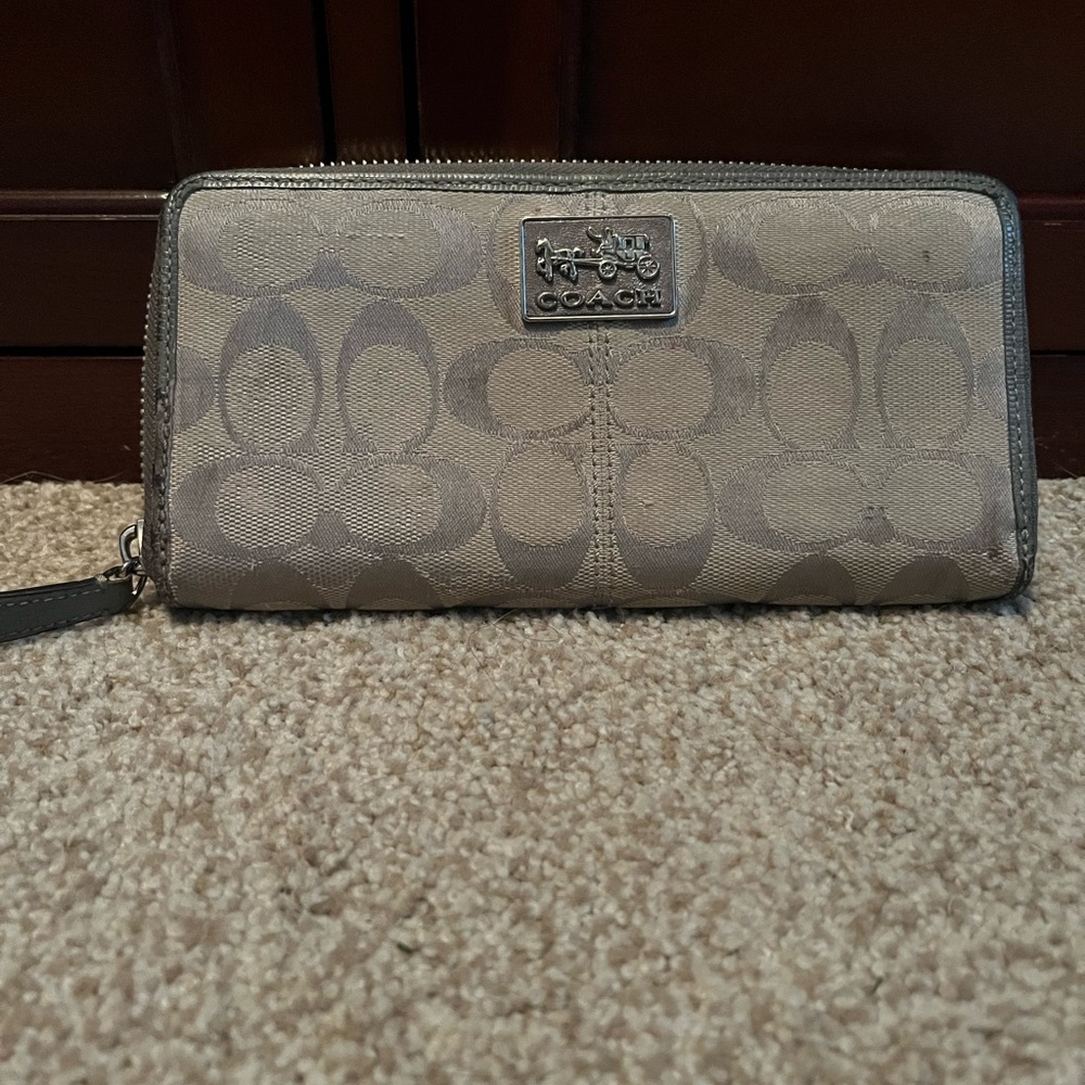 Coach Beige Signature Wallet with Silver Accents
